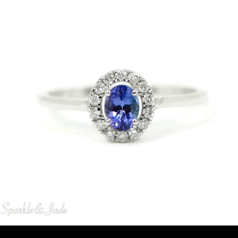 Ladies bold red rings -14k White Gold Oval Genuine Tanzanite and Diamond Halo Ring