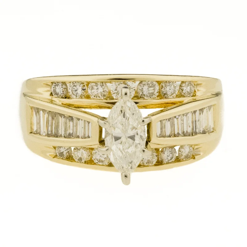 Ladies cat whisker wedding rings -0.70ct Marquise Diamond & Accented Engagement Ring in 14K Yellow Gold - Size 8.5