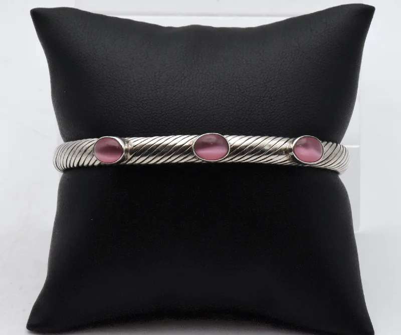 ladies bracelets sunburst charms -Vintage Sterling Silver Pink Cat's Eye Glass Cuff Bracelet