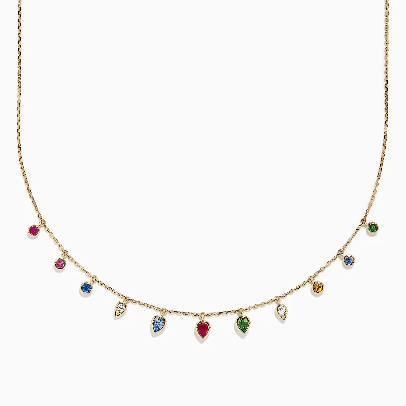 Ladies Necklaces with Lock Glow-14K Yellow Gold Multi Sapphire Diamond Rain Drop Station Necklace