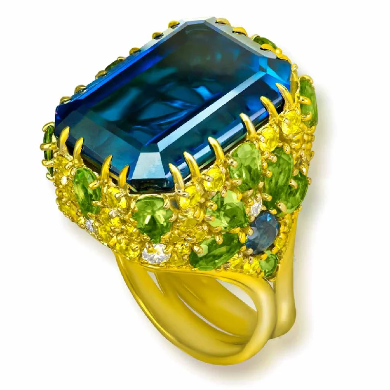 Ladies shiny gloss rings -Gold Blossom Ring with London Blue Topaz