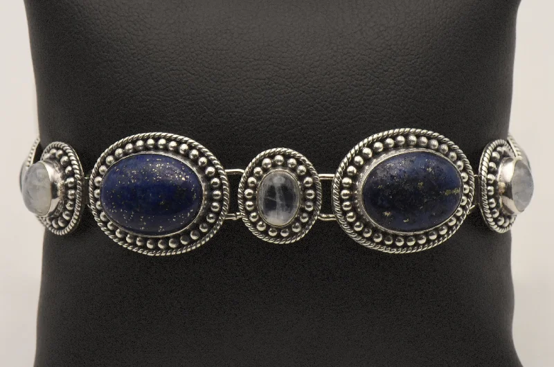 elegant bracelets for women weddings -Vintage Handmade Lapis Lazuli and Moonstone Sterling Silver Link Bracelet