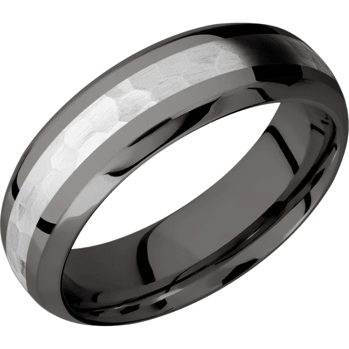 Ladies family glow rings -7mm wide Domed Bevel Darkened Tantalum Ring with Polish Finish / One 3mm Centered Palladium Silver Inlay with Hammer Finish