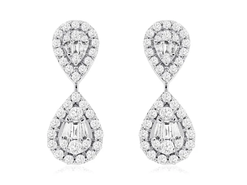 Ladies golden yellow earrings -14K White Gold Baguette and Round Diamond Halo Drop Fancy Earrings