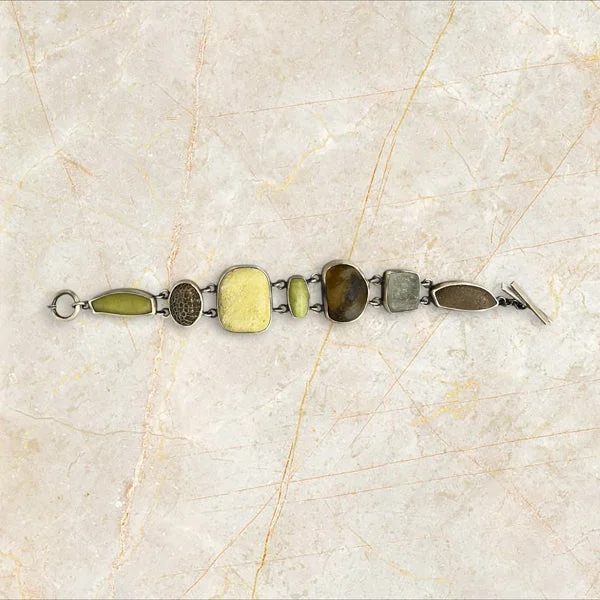 elegant bracelets for women weddings -Large River Rock Bezel Link Bracelet with New Jade, Agate and African Glass Beads