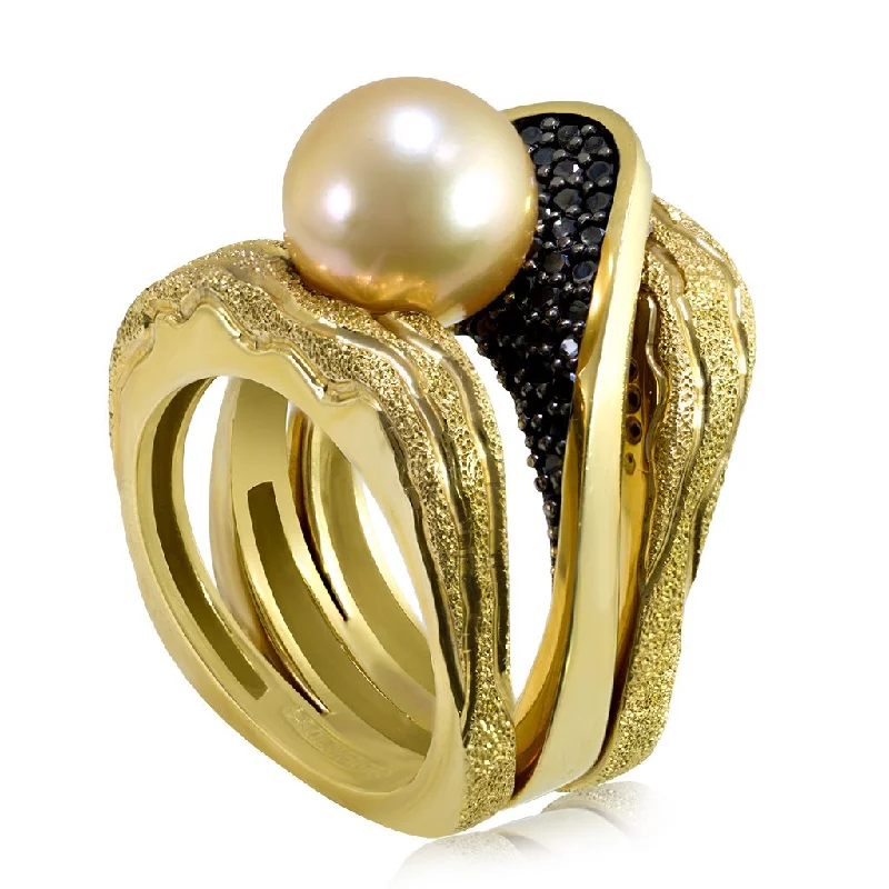 Ladies slim sparkle rings -Gold Trinity Ring with Akoya Pearl & Diamonds