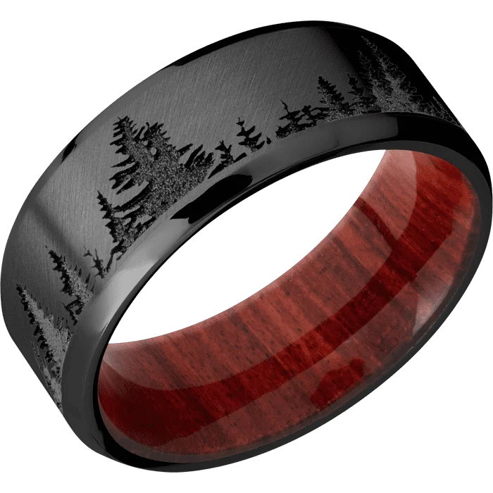 Ladies antique treasure rings -8mm wide Beveled Black Titanium Ring with Angle Satin Finish / Trees Design / Red Heart Sleeve