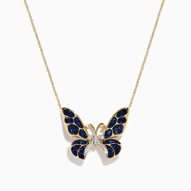 Ladies Necklaces with Olive Idocrase-Nature 14K Gold Blue Sapphire and Diamond Butterfly Necklace