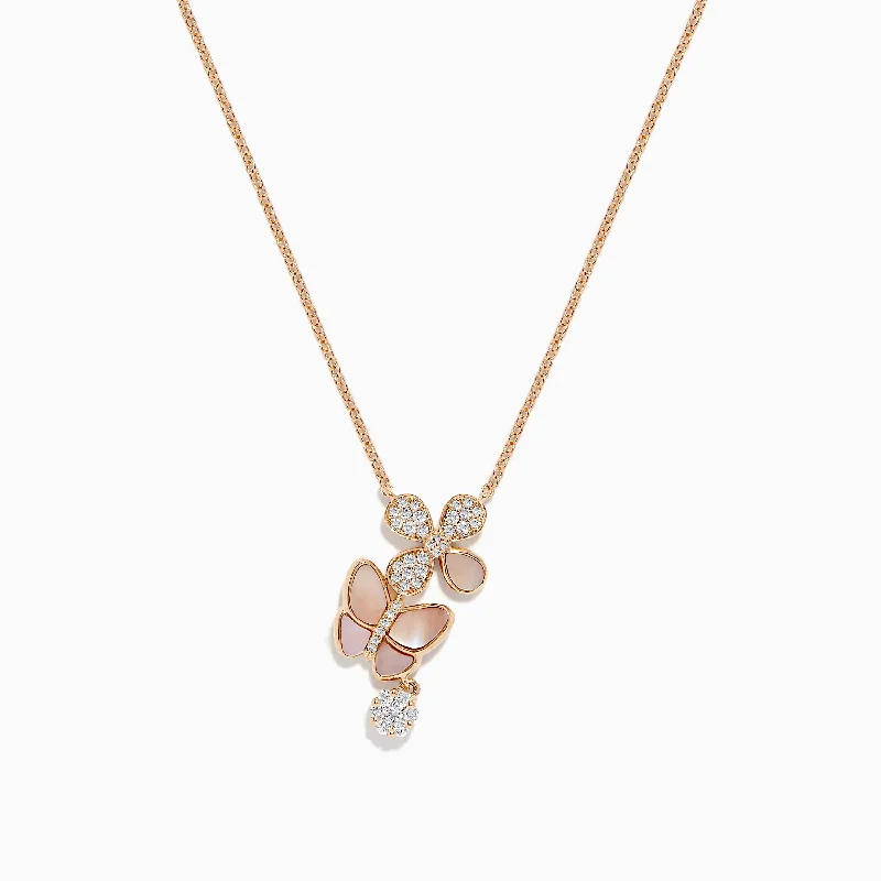 Ladies Necklaces with Grey Hematite-14K Rose Gold Mother of Pearl and Diamond Butterfly Necklace, 0.26 TCW