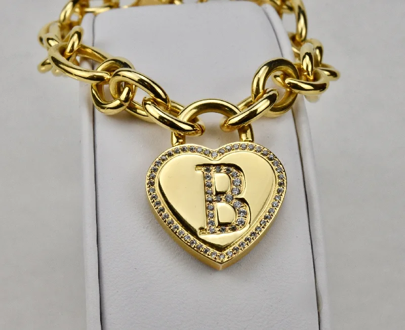 ladies charm bracelets lockets -Gold Tone Stainless Steel Chain Bracelet with "B" Heart Rhinestone Charm