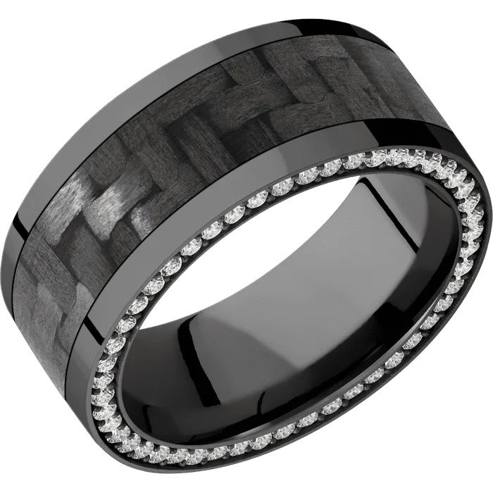 Ladies forest leaf rings -9mm wide Flat Black Titanium Ring with Polish Finish / Side Eternity Round .01 carat Standard Lab Grown Diamond Bead-Set Gemstones / One 6mm Centered Black Carbon Fiber Inlay