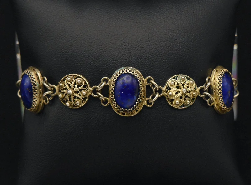 silver floral charm bracelets for women -Vintage Gold Tone Filigree and Imitation Lapis Lazuli Bracelet - 7"