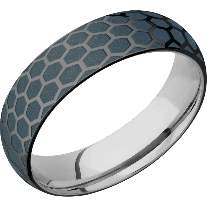 Ladies rustic wood rings -6mm wide Domed Black Titanium Ring with Polish Finish / Honeycomb Design and Northern Lights Cerakote Accents / Titanium Sleeve