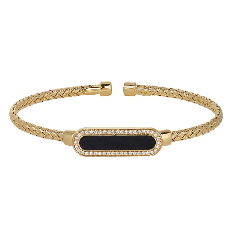 ladies formal bracelets evening wear -Gold Finish Sterling Silver Basketweave Cable Cuff  Bracelet with an Oval with Simulated Diamonds and an Onyx Stone