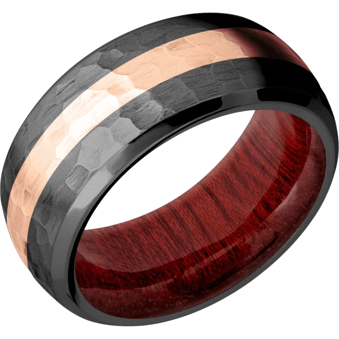 Ladies sleek onyx rings -10mm wide Domed Bevel Black Titanium Ring with Hammer Finish / One 3mm Centered 14k Rose Gold Inlay with Hammer Finish / Blood Wood Sleeve