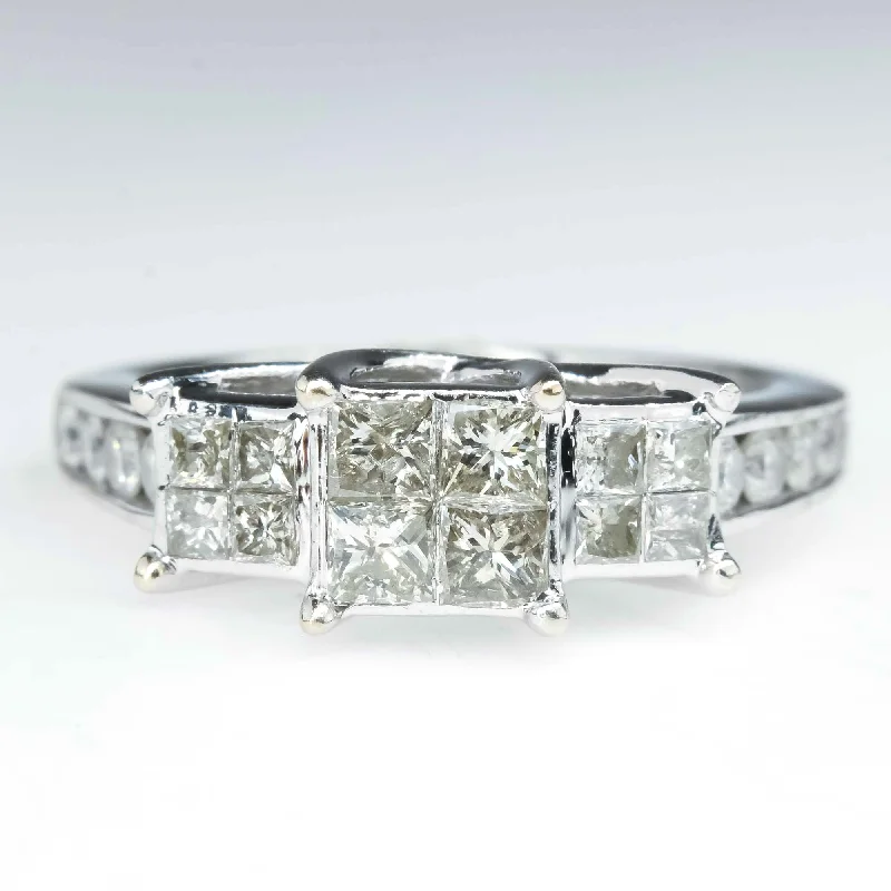 Ladies etched vow wedding rings -1.00ctw Princess Three Stone Cluster Diamond Engagement Ring in 10K White Gold