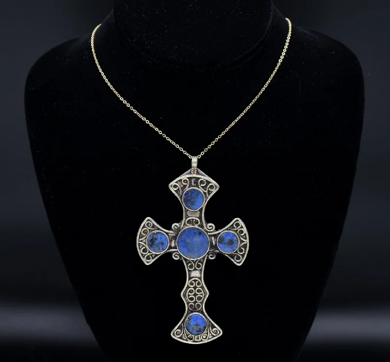 Ladies Necklaces Dual-Tone Glow-Vintage Lapis Lazuli Silver Tone Metal Cross Pendant Necklace - 17.75"