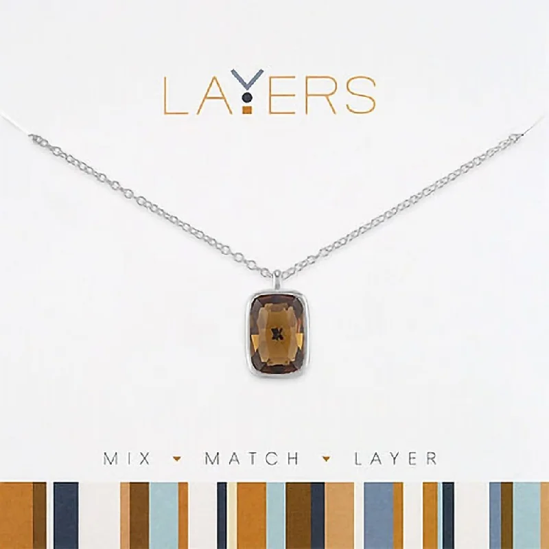 Ladies Necklaces Multi-Layer Glow-Center Court : Silver Rectangle Smoked Topaz Layers Necklace