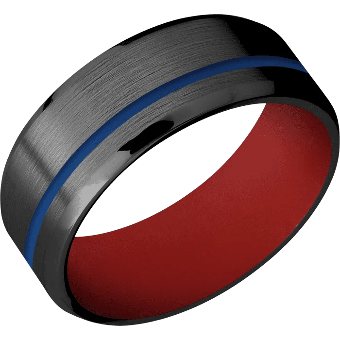 Ladies effortless daily rings -8mm wide Beveled Black Titanium Ring with Satin Finish / One 1mm Off Center Royal Blue Cerakote Inlay / USMC Red Cerakote Sleeve