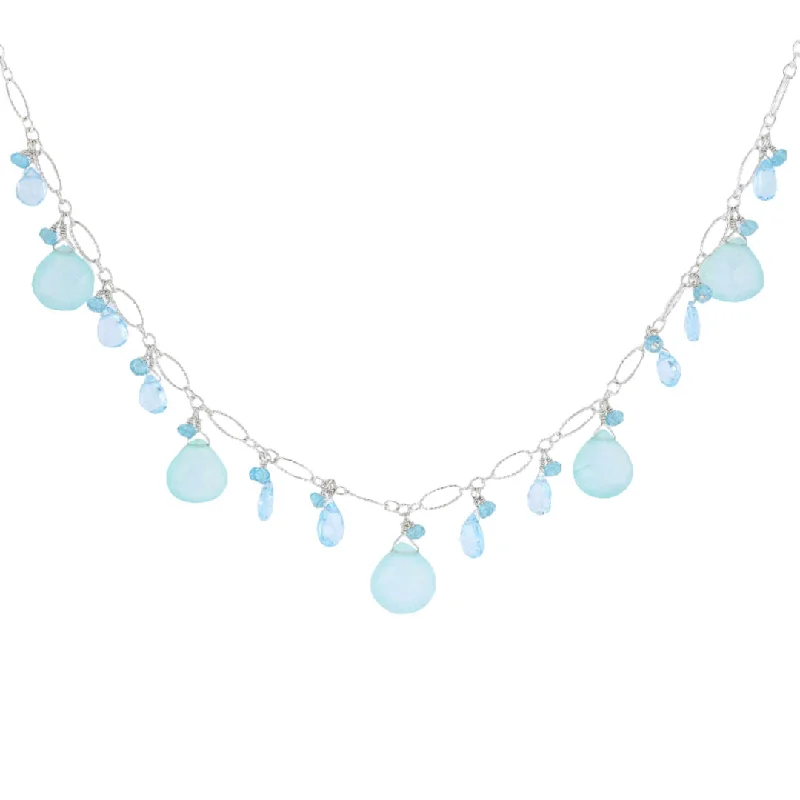 Ladies Necklaces with Crescent Spark-Briolette Chalcedony & Blue Topaz Necklace