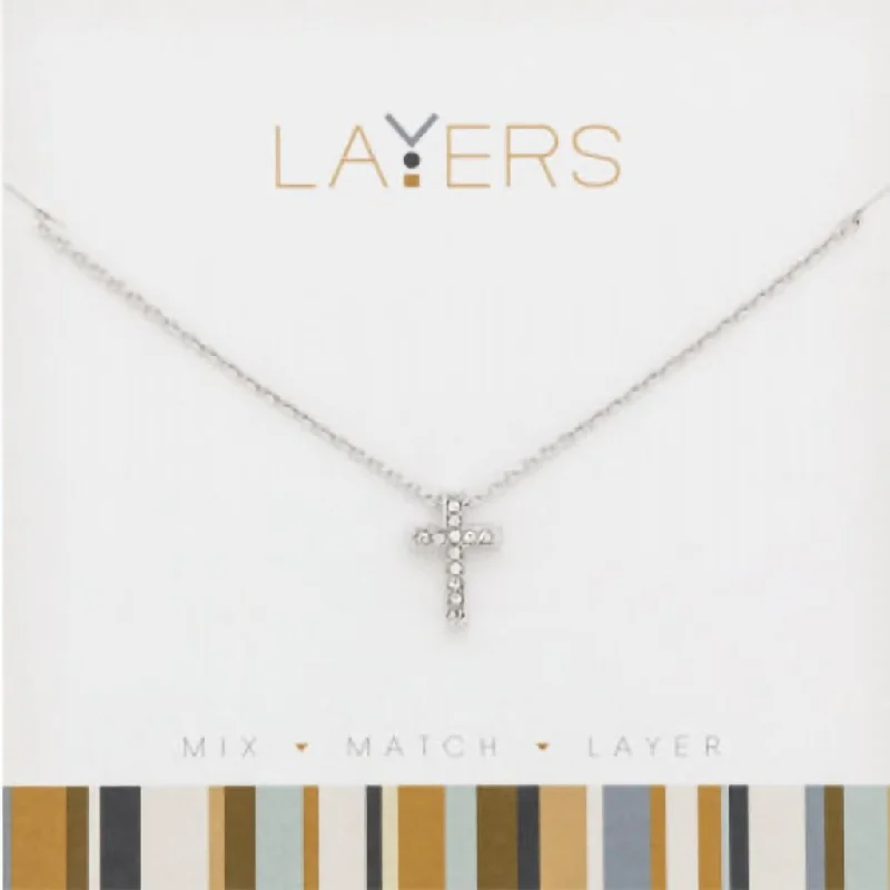 Ladies Necklaces with Cosmic Glow-Center Court : Silver CZ Cross Layers Necklace