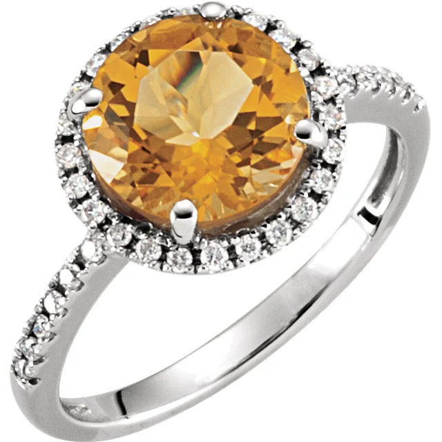 Ladies floral whisper rings -14K White Gold 9mm Round Genuine Citrine & 1/6 CTW Diamond Halo Ring