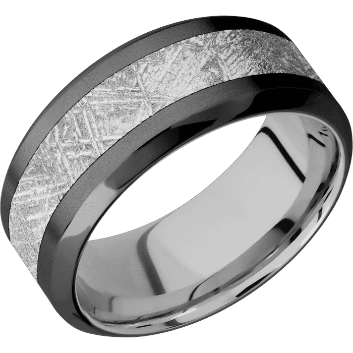 Ladies hexagonal flash rings -9mm wide High Bevel Black Titanium Ring with Bead Blast Finish / One 4mm Centered Meteorite Inlay / Titanium Sleeve