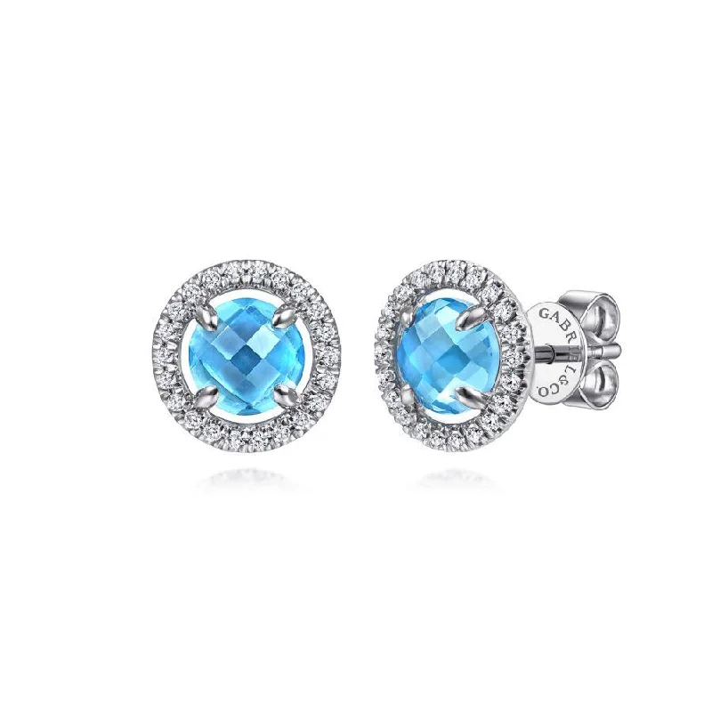 Ladies sparkling diamond earrings -Gabriel & Co. - EG13961W45BT - 14K White Gold Round Blue Topaz Floating Diamond Halo Stud Earrings