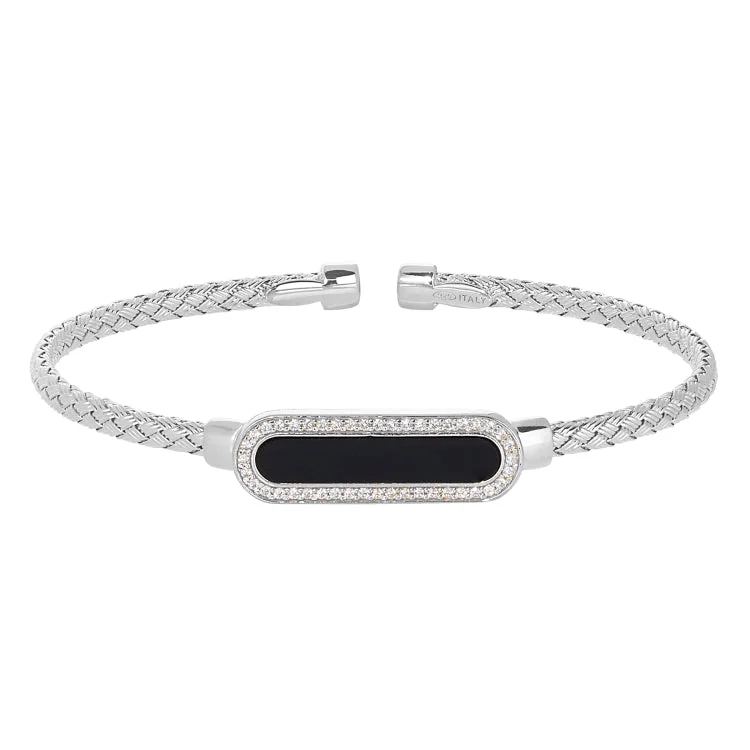 abstract shape bracelets for women -Rhodium Finish Sterling Silver Basketweave Cable Cuff  Bracelet with an Oval with Simulated Diamonds and an Onyx Stone