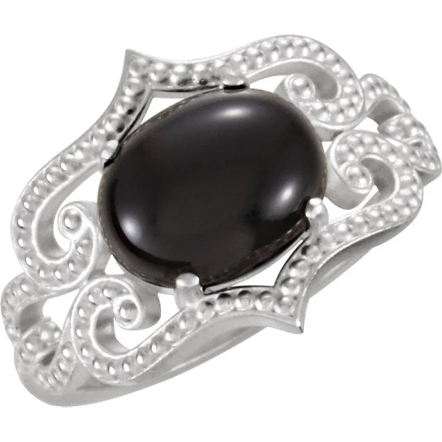 Ladies sleek onyx rings -Sterling Silver Oval Onyx Cabochon Granulated Design Ring