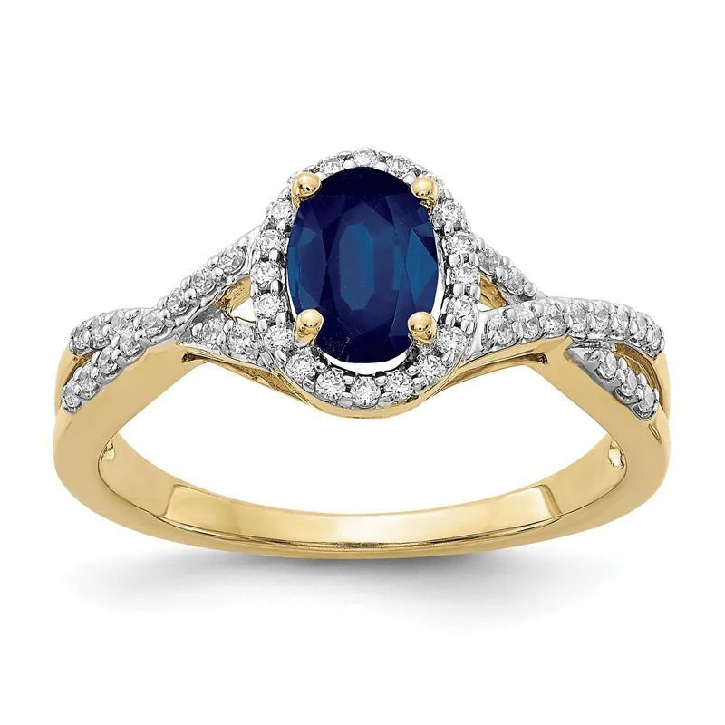 Ladies delicate floral rings -14k Yellow Gold Genuine Blue Sapphire Oval & Diamond Halo Twist Ring