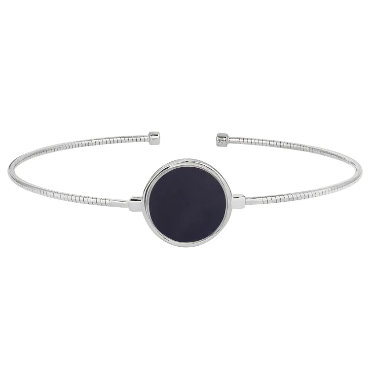 minimalist hoop bracelets for women -Rhodium Finish Sterling Silver Rounded Omega Cable Cuff Bracelet with a Round Black Murano Stone