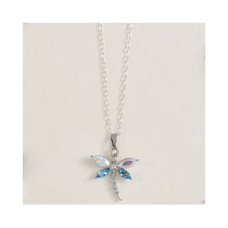 Ladies Necklaces with Triangle Shine-Periwinkle by Barlow : Aqua and Clear AB Crystal Dragonflies  - Necklace