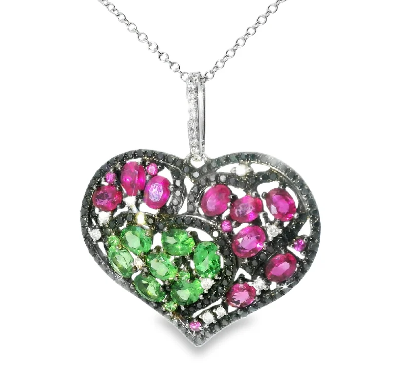 Ladies Necklaces Pure Glow-Gorgeous 18K Black White Gold Diamond Red Green Sapphire Heart Pendant Necklace