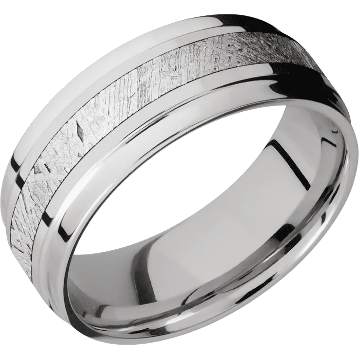 Ladies refined office rings -8mm wide Flat Wide Grooved Edges Titanium Ring with Polish Finish / One 3mm Centered Meteorite Inlay