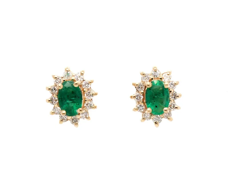 Ladies elephant trunk earrings -0.95ctw Oval Emeralds and 0.23ctw Diamond Frame Stud Earrings in 14K