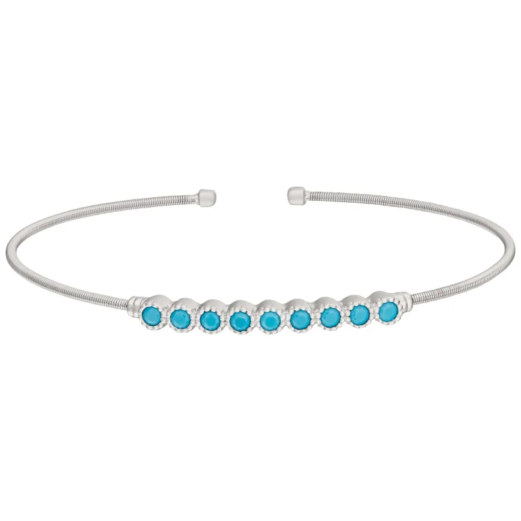 ladies casual bracelets for everyday -Rhodium Finish Sterling Silver Cable Cuff Bracelet with Beaded Bezel Set Simulated Turquoise