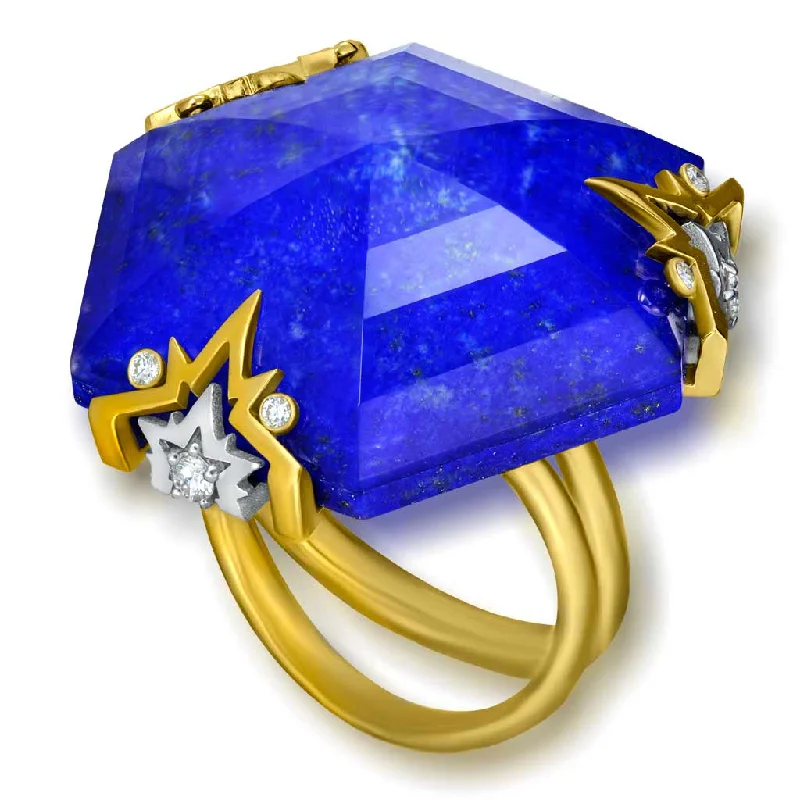 Ladies rugged charm rings -Gold Denim Ring with Lapis Lazuli & Diamonds