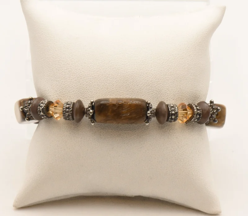 ladies silver bracelets sapphire stones -Rectangular Tiger's Eye Bead Elastic Bracelet