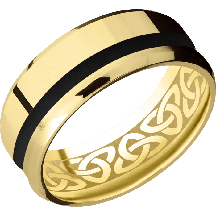 Ladies bold red rings -8mm wide Beveled 10k Yellow Gold Ring with Polish Finish / One 2mm Off Center Black Cerakote Inlay / None Interior Pattern