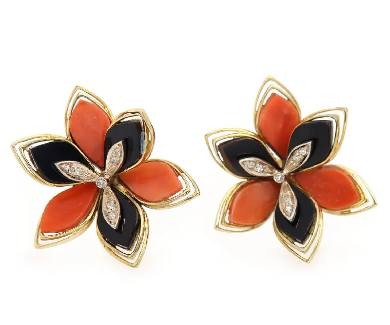 Ladies light touch earrings -Vintage Coral Black Onyx and Diamond Flower Earrings in 18K