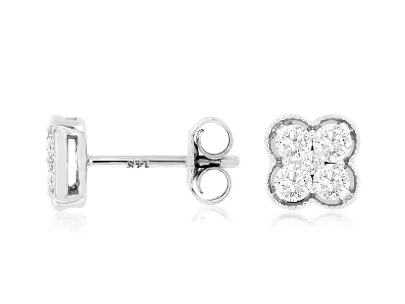 Ladies thrifty charm earrings -14K White Gold Diamond Clover stud Earrings