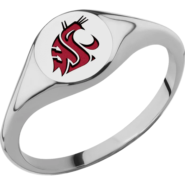 Ladies fine stack rings -Circle Titanium Signet Ring / Polish Ring Finish and Polish Signet Finish / Washington State Cougar Head Design with Crimson Cerakote / Size 8.5