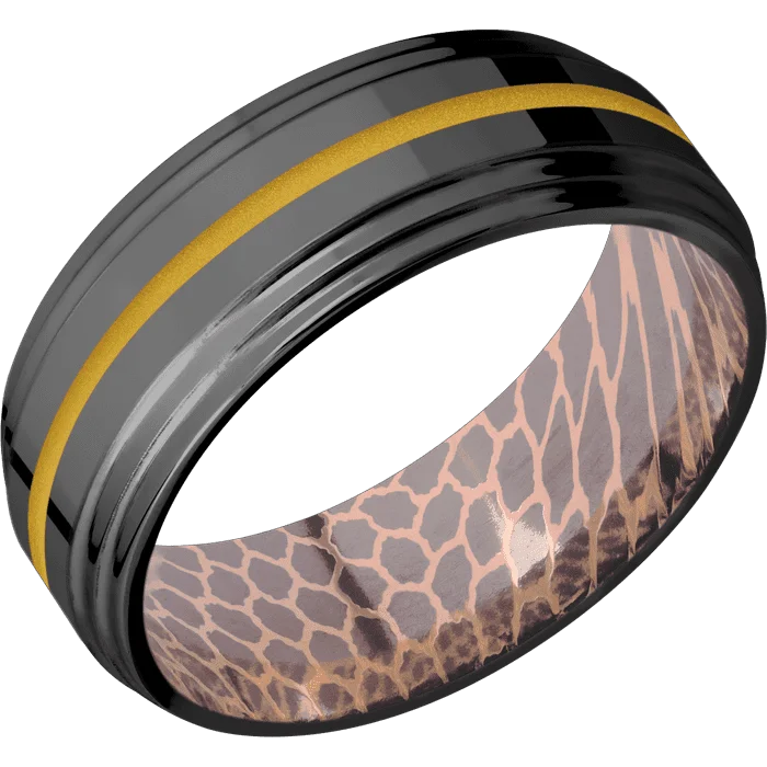 Ladies effortless daily rings -8mm wide Flat Double Stepped Edges Black Titanium Ring with Polish Finish / One 1mm Centered Metallic Yellow Cerakote Inlay / Superconductor Sleeve