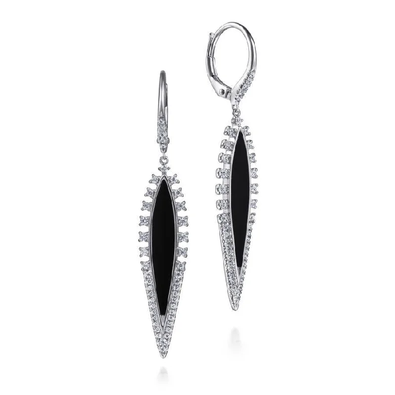 Ladies 22K gold shine earrings -Gabriel & Co. - EG14283W45OX - 14K White Gold Diamond and Onyx Drop Earrings