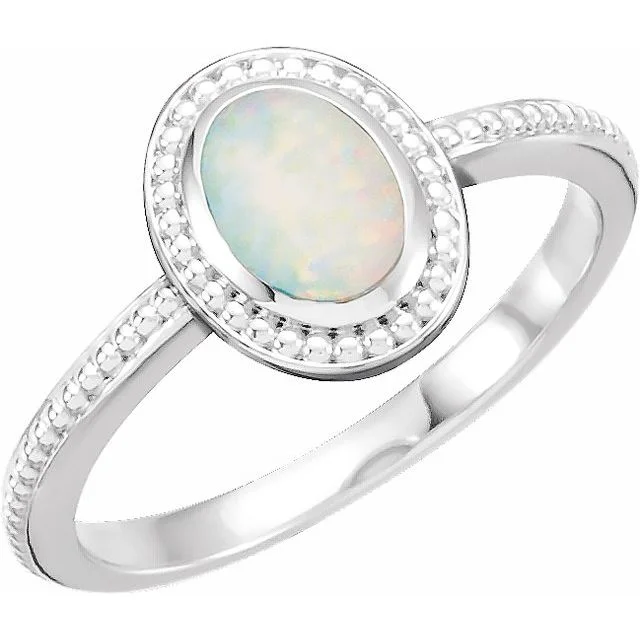 Ladies delicate strand rings -14k White Gold Oval Genuine Australian Opal Cabochon Beaded Ring