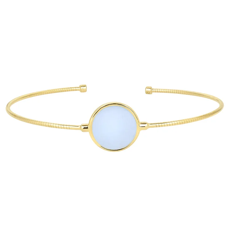 vintage bracelets for women retro design -Gold Finish Sterling Silver Rounded Omega Cable Cuff Bracelet with a Round Aqua Marine Murano Glass Stone