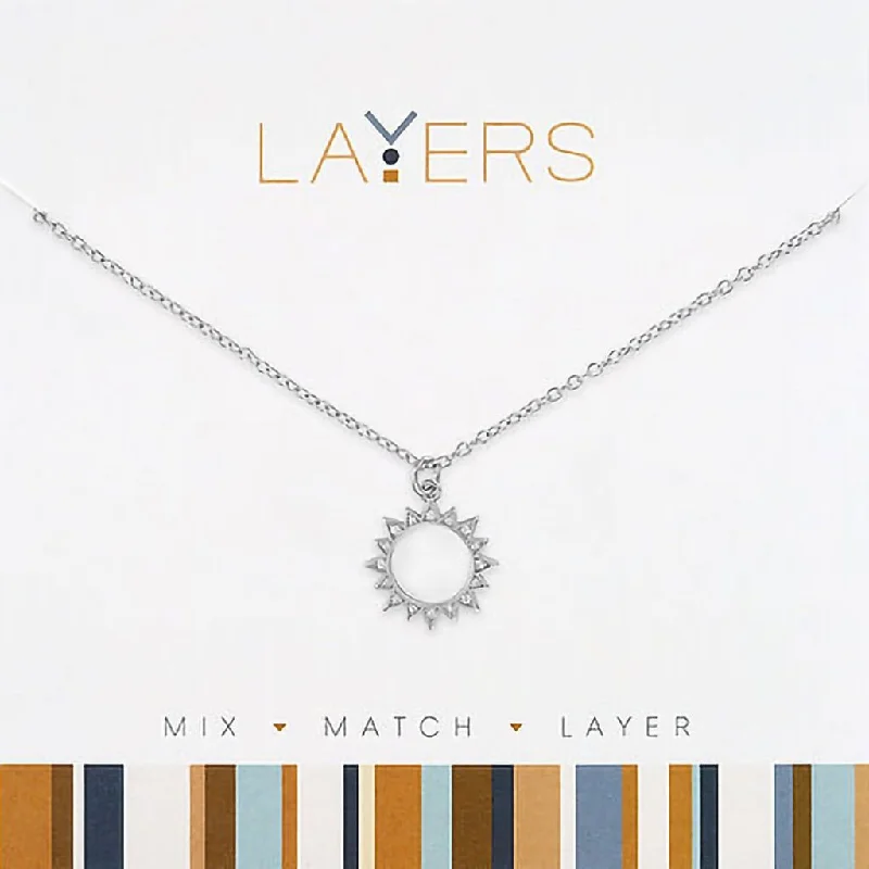 Ladies Necklaces with Sea Aquamarine-Center Court : Silver Open Sun Layers Necklace