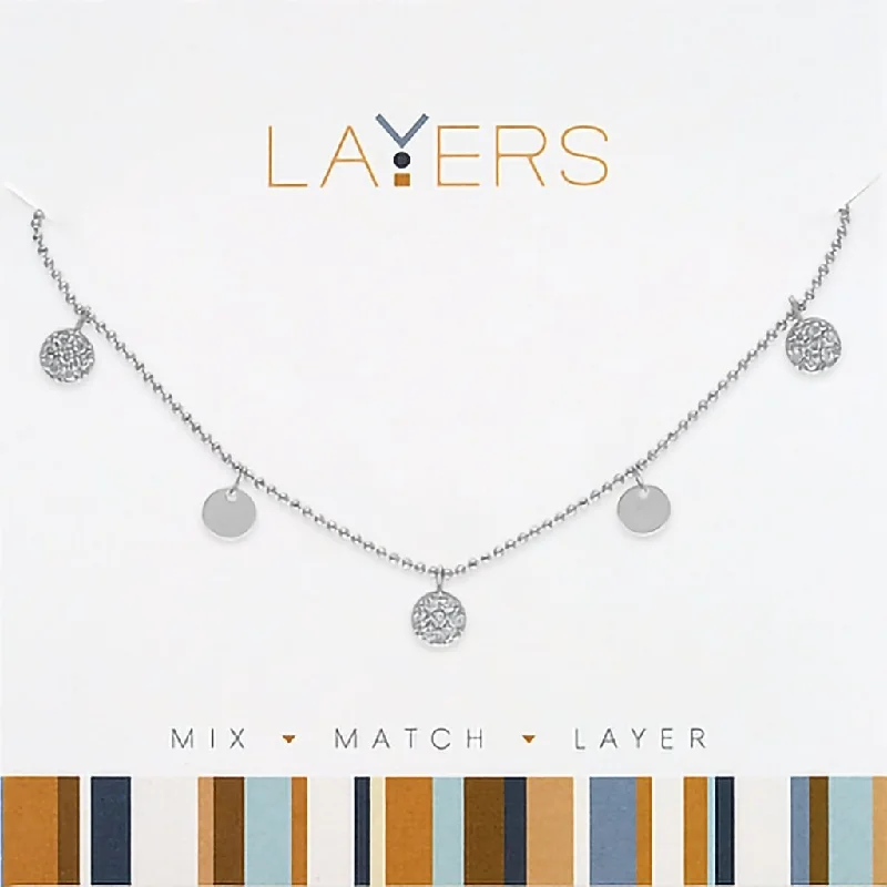 Ladies Necklaces with Milky Moonstone-Center Court : Silver Mini CZ & Plain Disc Layers Necklace