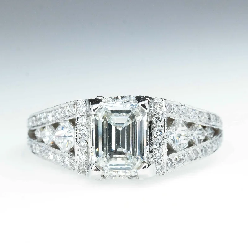 Ladies slim sparkle wedding rings -1.02ct Emerald Cut Diamond SI1/H Split Shank Engagement Ring in 14K White Gold